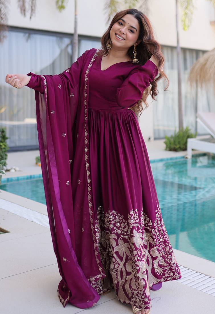 Wine women rangoli crush sequin embroidered gown with dupatta | flared party wear anarkali gown