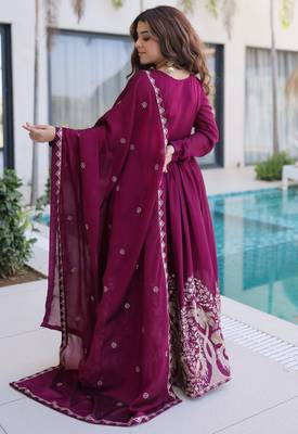 Wine women rangoli crush sequin embroidered gown with dupatta flared party wear anarkali gown 2