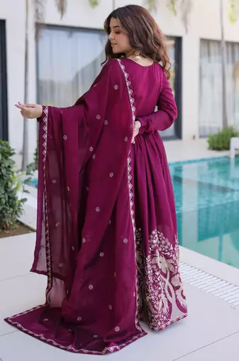 Wine women rangoli crush sequin embroidered gown with dupatta flared party wear anarkali gown