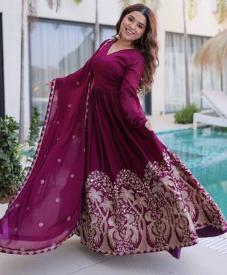 Wine women rangoli crush sequin embroidered gown with dupatta flared party wear anarkali gown 3