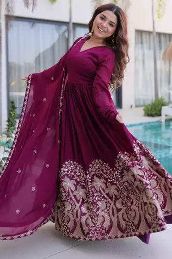Wine women rangoli crush sequin embroidered gown with dupatta flared party wear anarkali gown