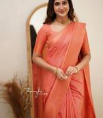 Orange soft silk blend banarasi jacuard work designer saree with blouse