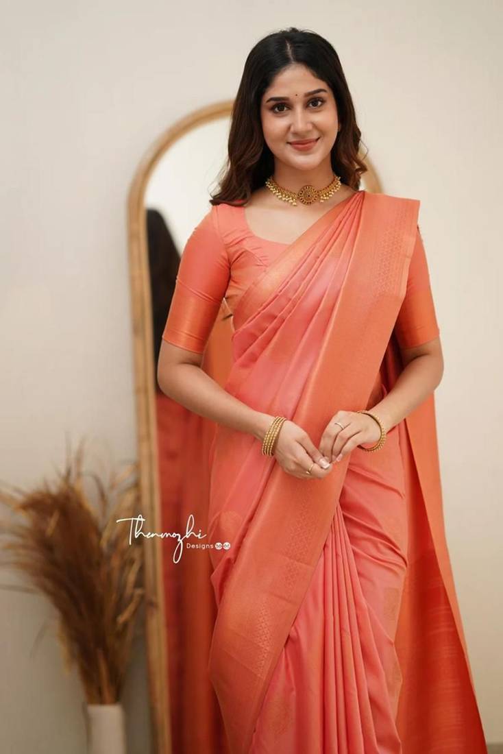 Orange soft silk blend banarasi jacuard work designer saree with blouse