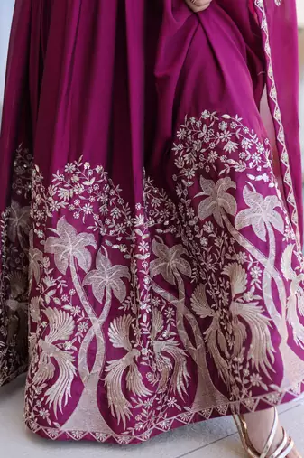 Wine women rangoli crush sequin embroidered gown with dupatta flared party wear anarkali gown