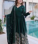 Green women rangoli crush sequin embroidered gown with dupatta | flared party wear anarkali gown