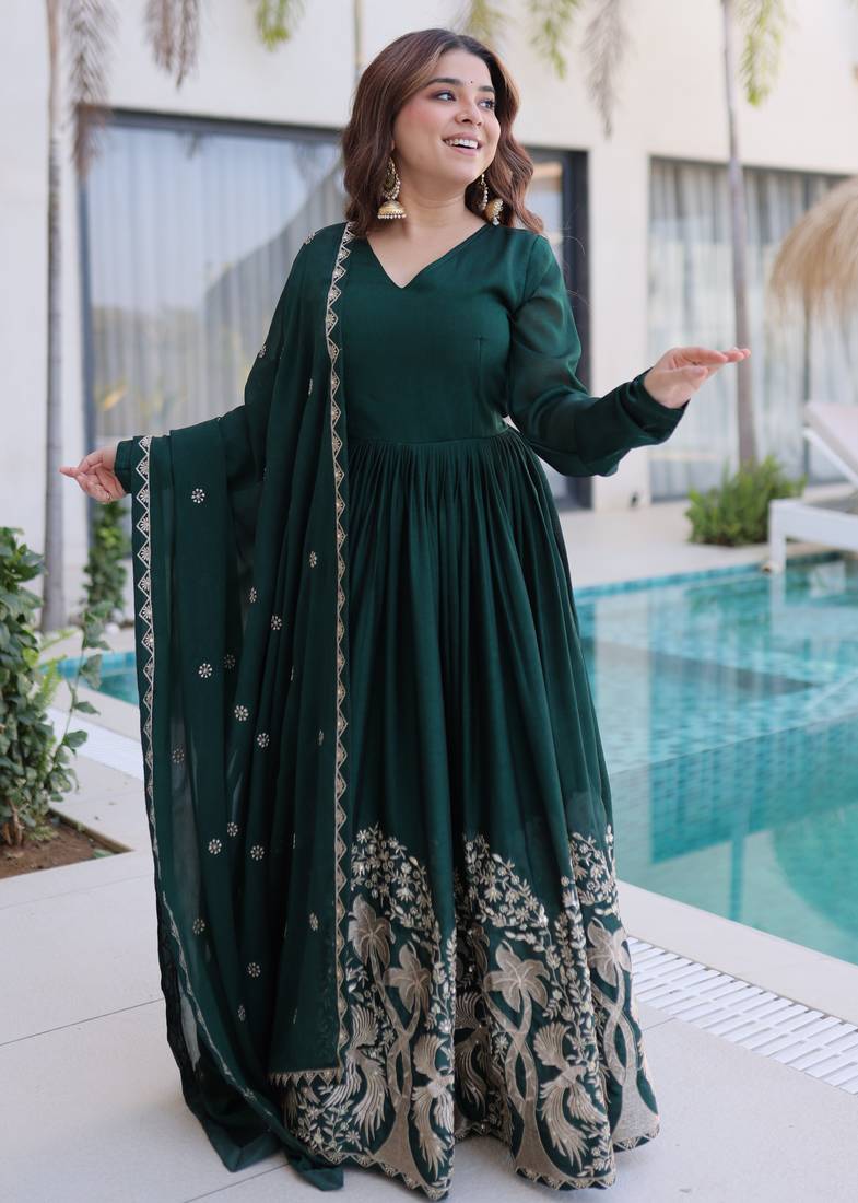 Green women rangoli crush sequin embroidered gown with dupatta | flared party wear anarkali gown