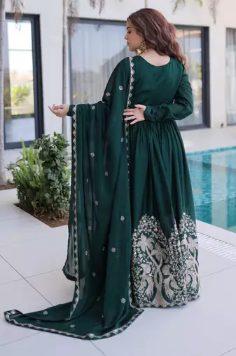 Green women rangoli crush sequin embroidered gown with dupatta flared party wear anarkali gown