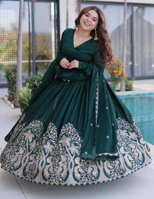 Green women rangoli crush sequin embroidered gown with dupatta flared party wear anarkali gown 3