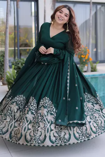 Green women rangoli crush sequin embroidered gown with dupatta flared party wear anarkali gown