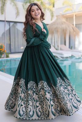 Green women rangoli crush sequin embroidered gown with dupatta flared party wear anarkali gown 4
