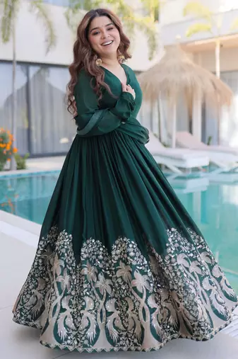 Green women rangoli crush sequin embroidered gown with dupatta flared party wear anarkali gown