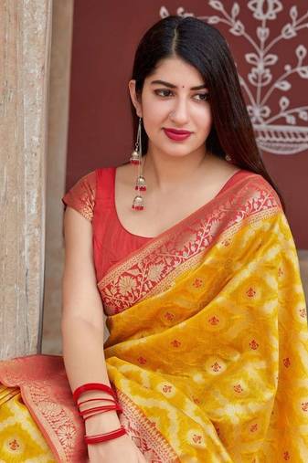 Yellow soft silk blend banarasi jacuard work designer saree with blouse
