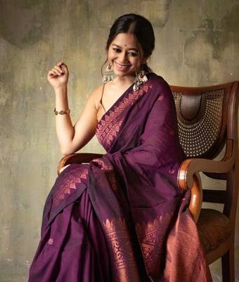 Wine silk blend banarasi jaquard designer saree with blouse 1