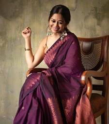 Wine silk blend banarasi jaquard designer saree with blouse