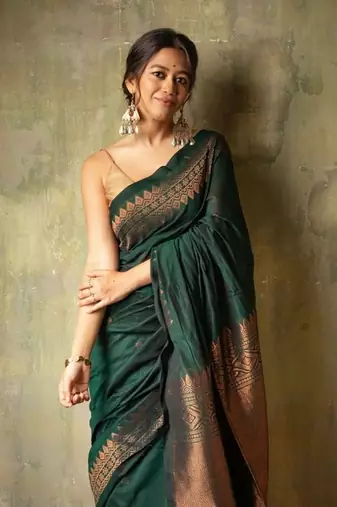 Green soft silk blend banarasi jacuard work designer saree with blouse