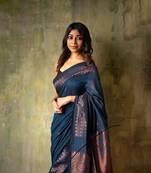 Blue soft silk blend banarasi jacuard work designer saree with blouse