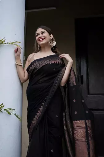 Black soft silk blend banarasi jacuard work designer saree with blouse