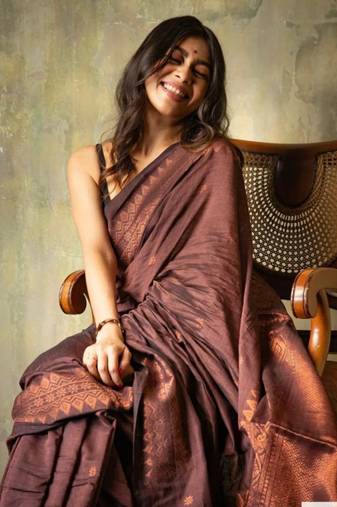 Brown soft silk blend banarasi jacuard work designer saree with blouse