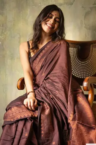 Brown soft silk blend banarasi jacuard work designer saree with blouse