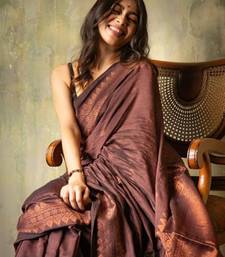 Brown silk blend banarasi jaquard designer saree with blouse