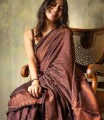 Brown soft silk blend banarasi jacuard work designer saree with blouse