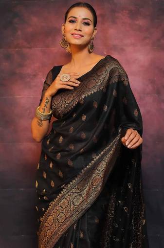 Black soft silk blend banarasi jacuard work designer saree with blouse