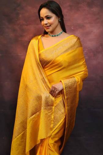Yellow soft silk blend banarasi jacuard work designer saree with blouse