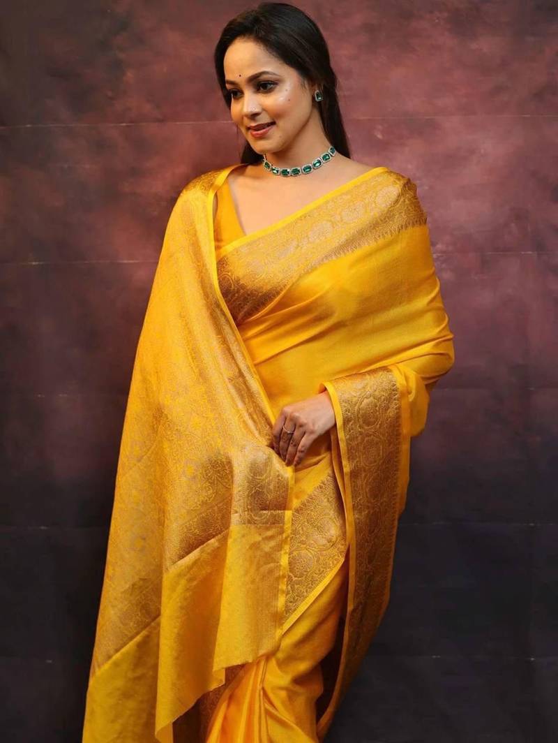 Yellow soft silk blend banarasi jacuard work designer saree with blouse