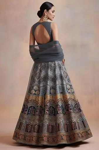 Grey Embroidered Crepe Lehenga Set