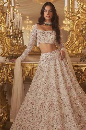 Beige Embroidered Net Lehenga Set