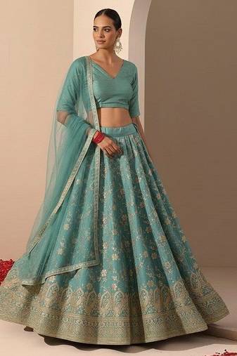 Turquoise Blue Embroidered Tissue Lehenga Set