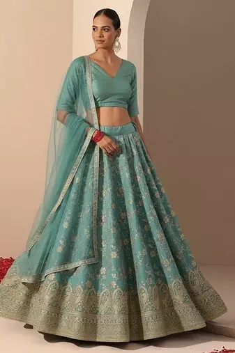 Turquoise Blue Embroidered Tissue Lehenga Set