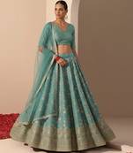Turquoise Blue Embroidered Tissue Lehenga Set