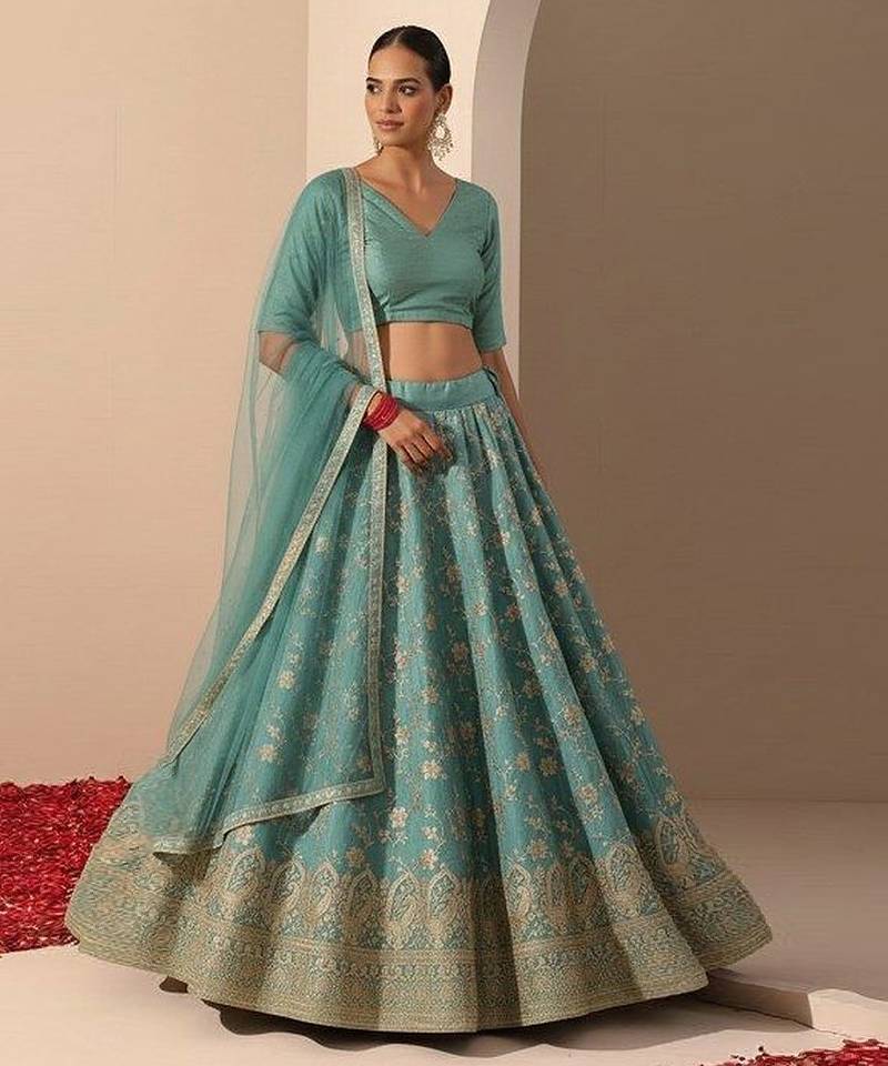Turquoise Blue Embroidered Tissue Lehenga Set