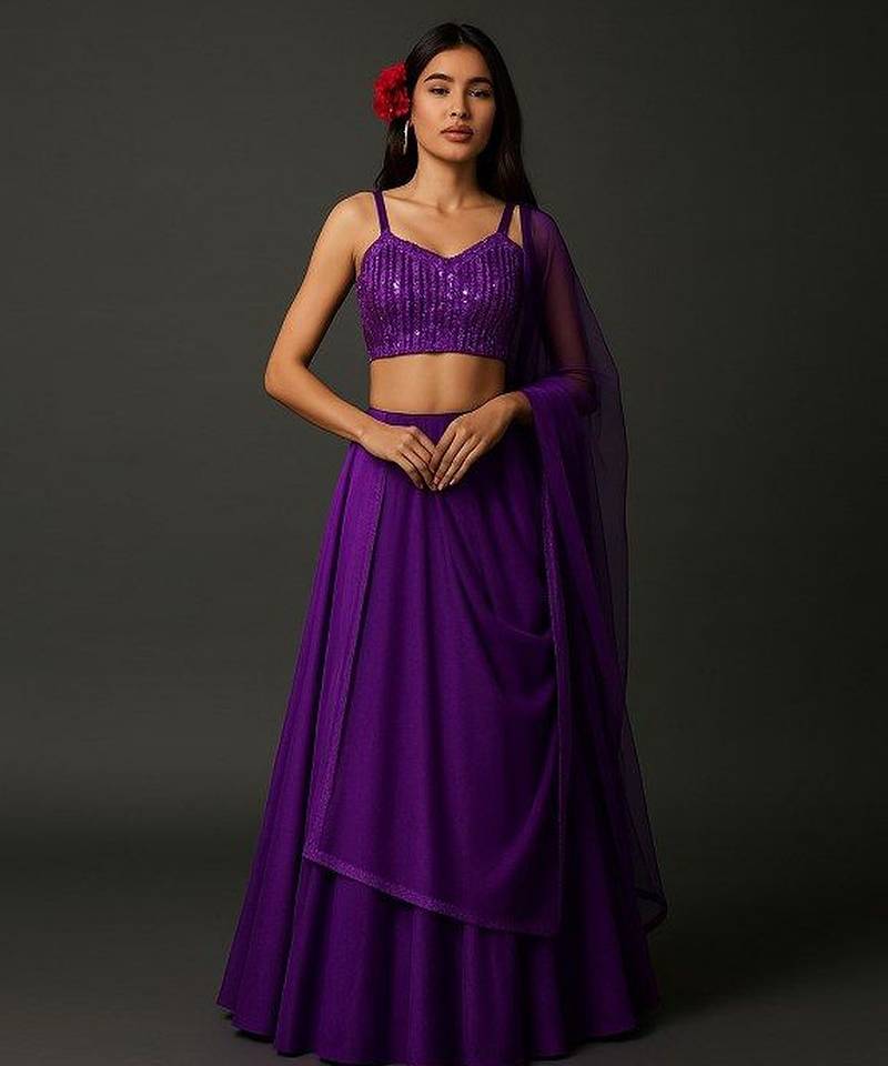 Purple Sequin Net Lehenga Set
