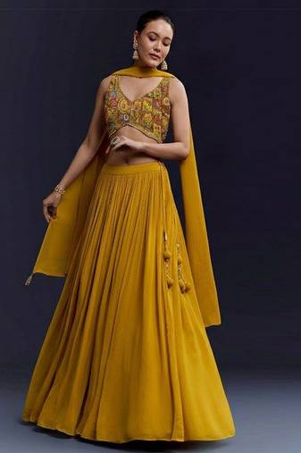 Mustard Yellow Crepe Lehenga Set