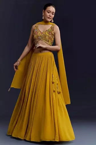 Mustard Yellow Crepe Lehenga Set