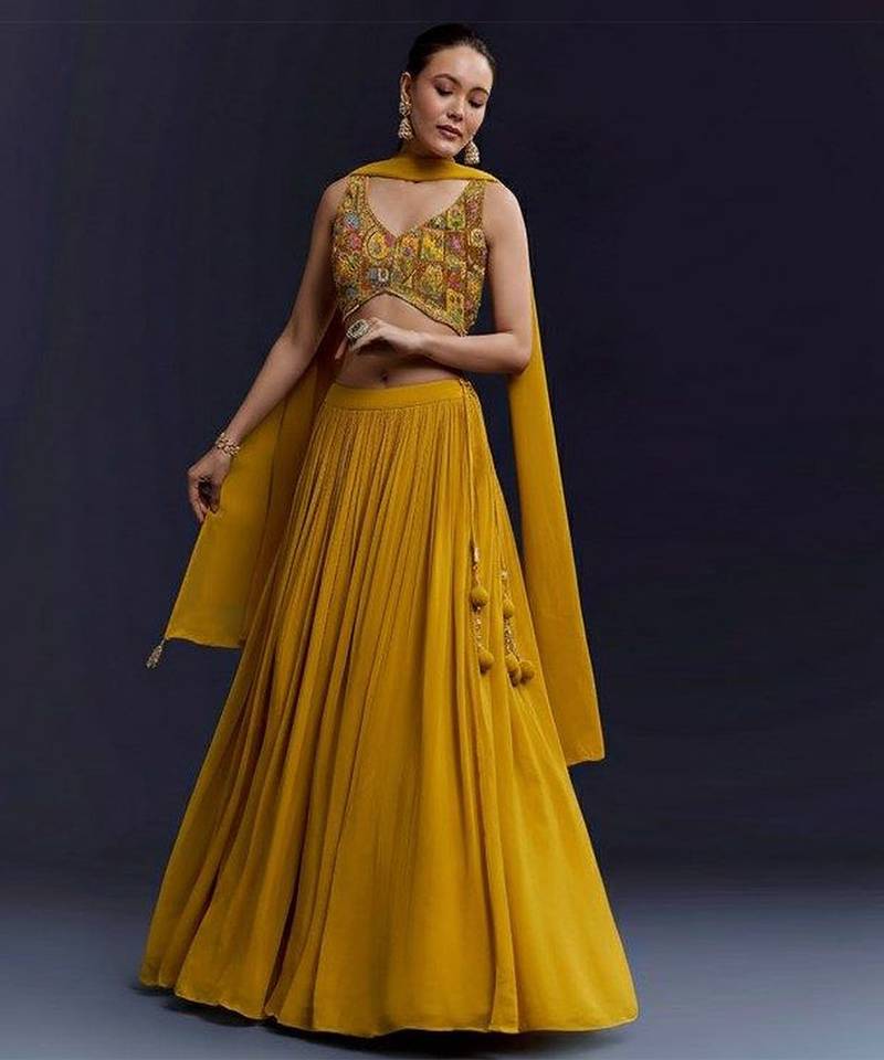 Mustard Yellow Crepe Lehenga Set