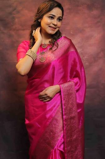 Rani pink soft silk blend banarasi jacuard work designer saree with blouse