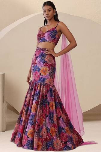 Multicolor Printed Crepe Lehenga Set