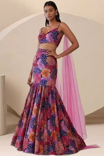 Multicolor Printed Crepe Lehenga Set