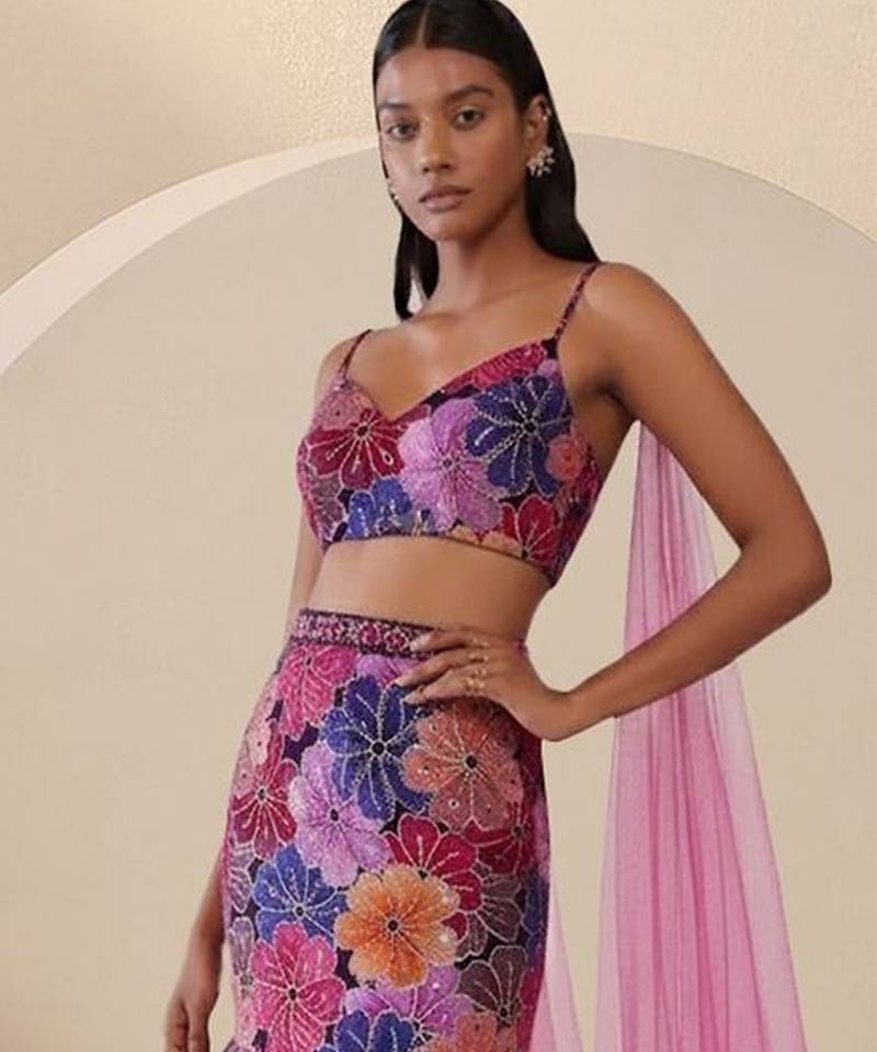 Multicolor Printed Crepe Lehenga Set