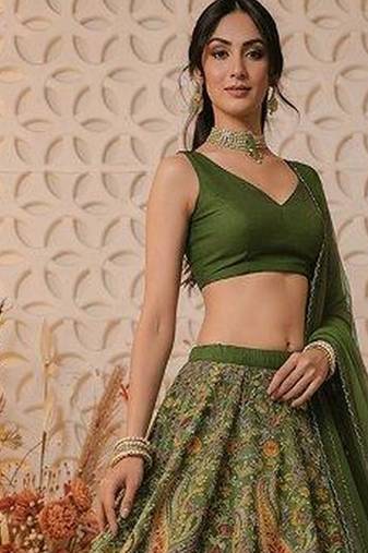 Green Printed Crepe Lehenga Set
