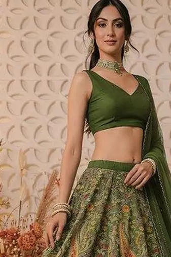 Green Printed Crepe Lehenga Set