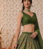 Green Printed Crepe Lehenga Set