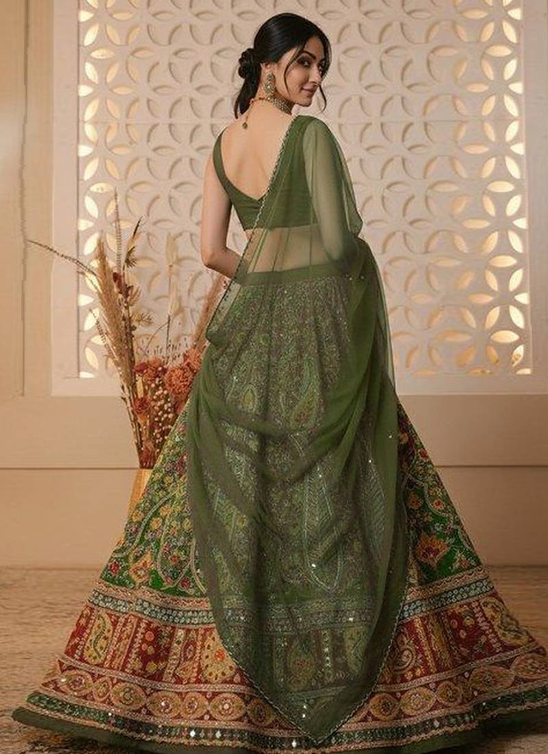Green Printed Crepe Lehenga Set