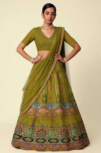 Olive Green Printed Crepe Lehenga Set