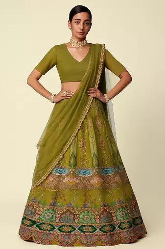 Olive Green Printed Crepe Lehenga Set