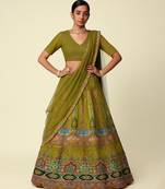 Olive Green Printed Crepe Lehenga Set