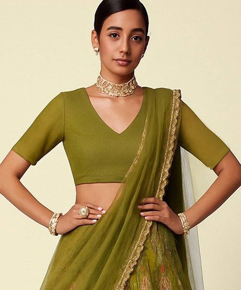 Olive Green Printed Crepe Lehenga Set